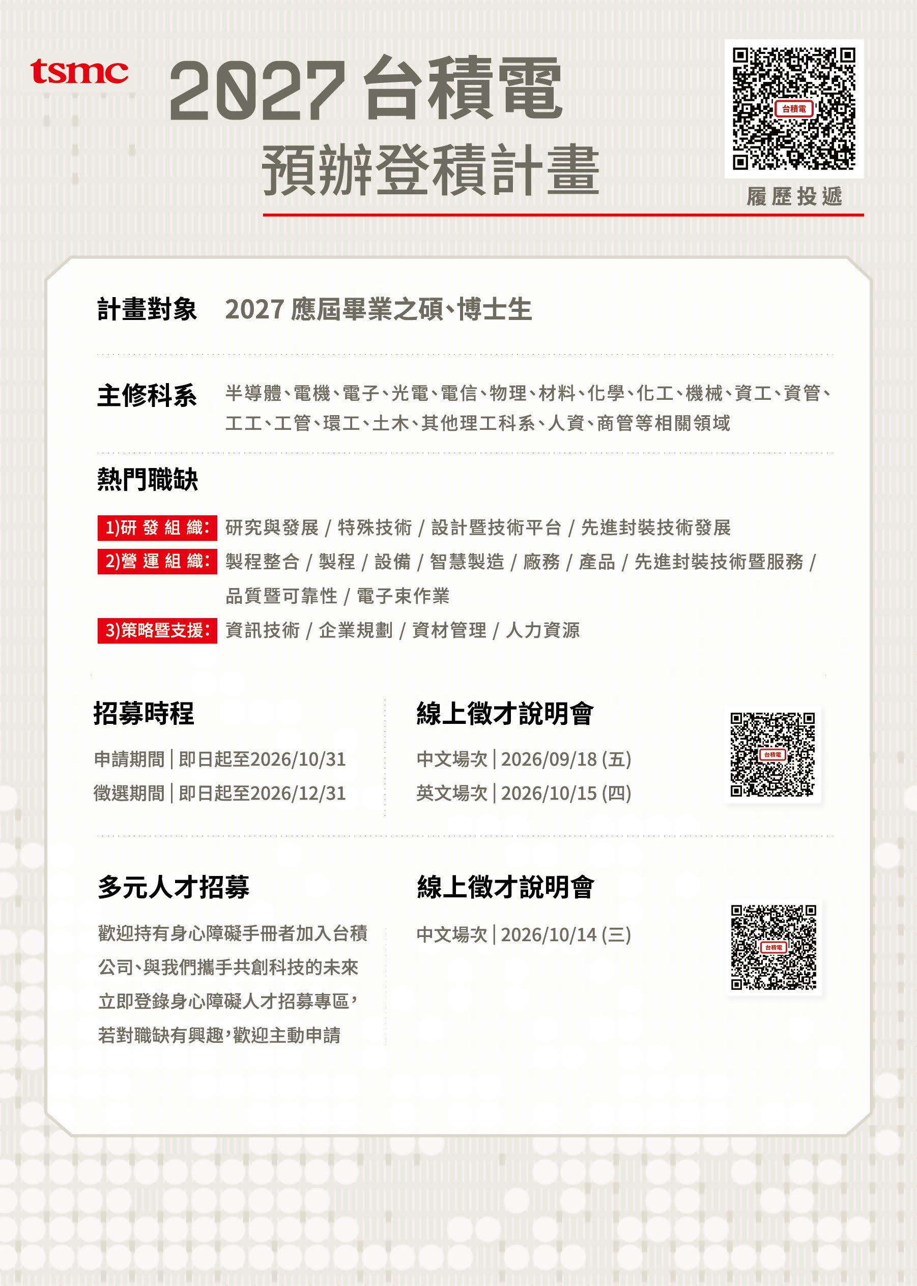 2027台積電預辦登積計畫：預聘暨研發替代役招募系列活動，開跑囉～